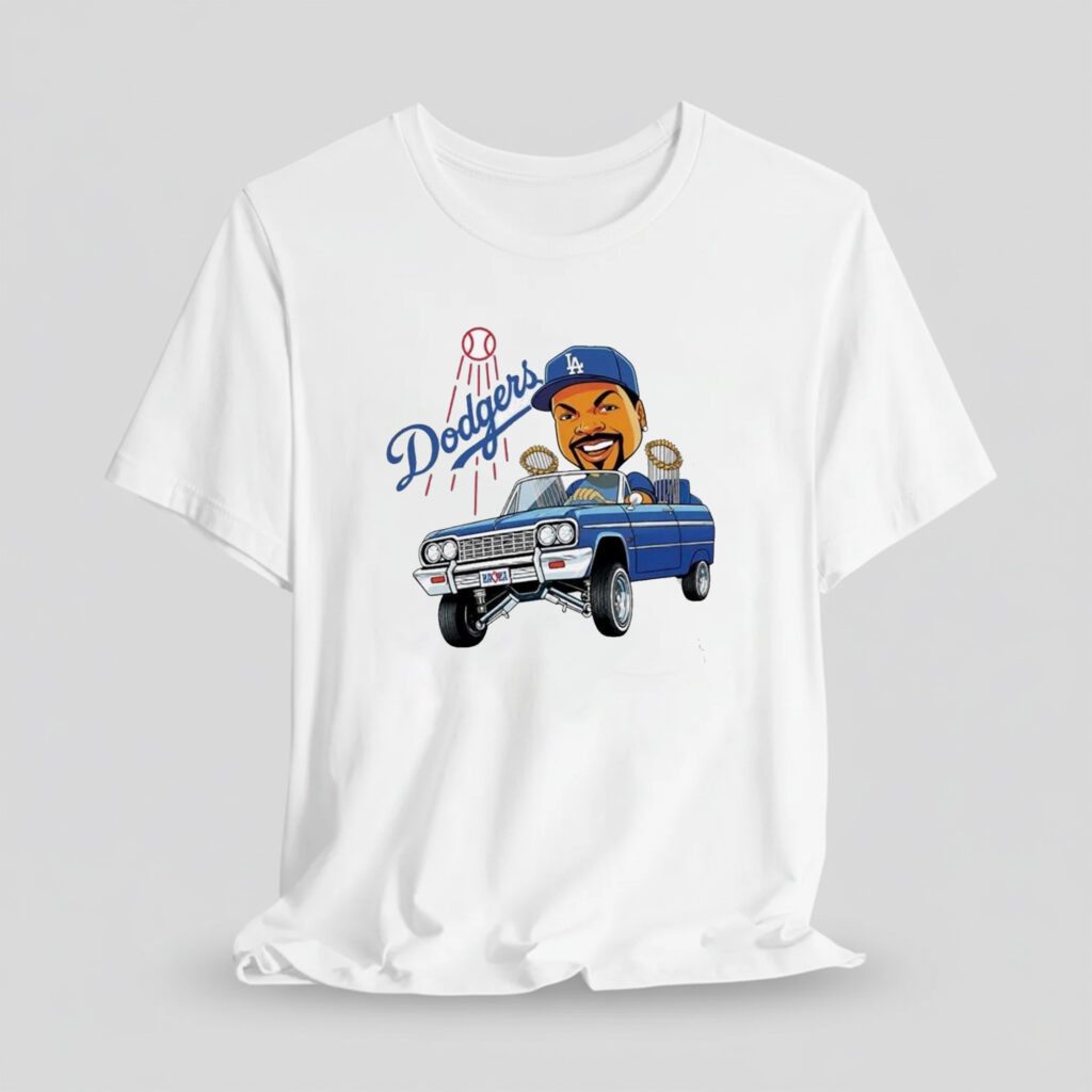 Fan Wearing LA Dodgers Ice Cube Bobblehead Cartoon Driving Car Shirt